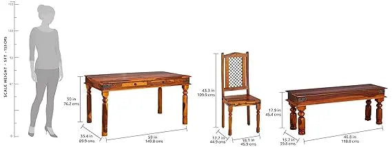 Sheesham Wood Reyk 6-Seater Dining Table Set with Bench & Chairs – Brown Finish 