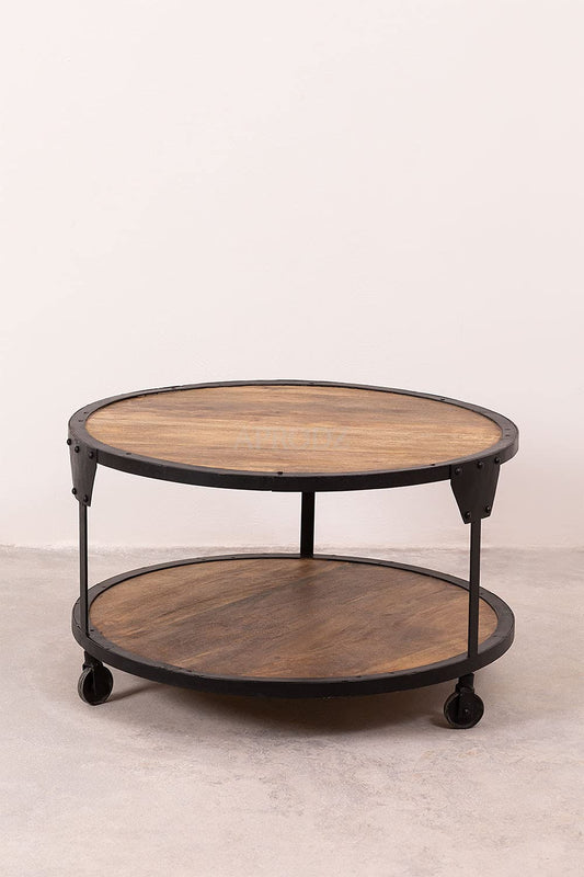 Round Solid Wood Top and Metal Base Wire Type Coffee Table (Mango Wood - Natural + Black Powder Coated)
