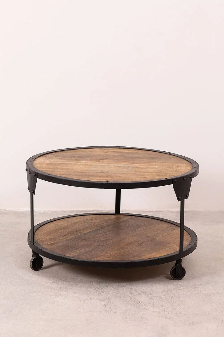 Translation missing: en.Round Solid Wood Top and Metal Base Wire Type Coffee Table (Mango Wood - Natural + Black Powder Coated) 