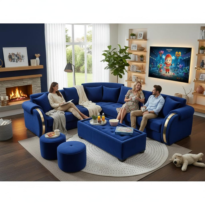 Translation missing: en.L-Shaped 6-Seater Velvet Sectional Sofa Set with Coffee Table &amp; Ottomans 