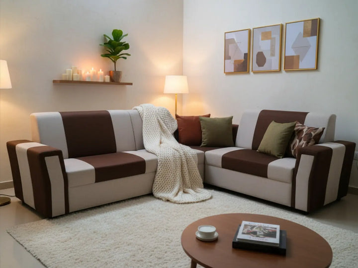Translation missing: en.L-Shaped Sectional 7-Seater Sofa with Padded Armrest Perfect Fabric Corner Sofa for Guests Living Room, Drawing Room, Office &amp; Lounge (Brown/Grey) 