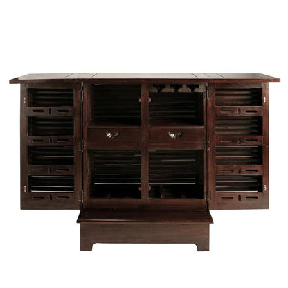 Mango Wood Peetz Royal Stylish Bar Cabinet with Wine Glass Storage for Living Room | Chestnut Finish 