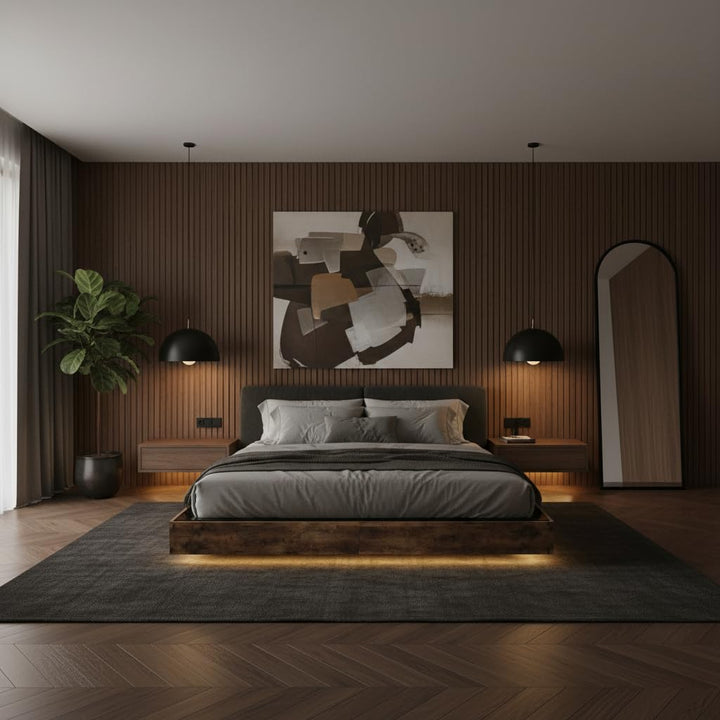 Translation missing: en.Cowen Floating Bed Frame with LED Lights Metal Slats Underbed Storage Space No Box Spring 
