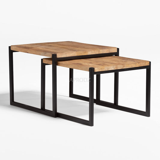 APRODZ Solid Wood and Metal Coffee Table (Mango Wood - Natural + Black Powder Coated Set of 2)