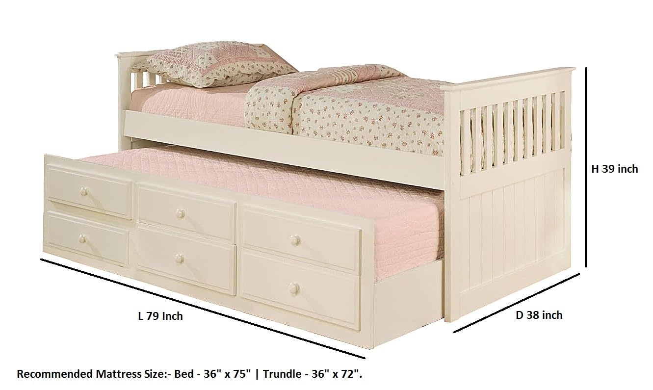 APRODZ Mango Wood Oyster Daybed with Trundle Bed with Drawer Storage for Home Bedroom (White Finish)