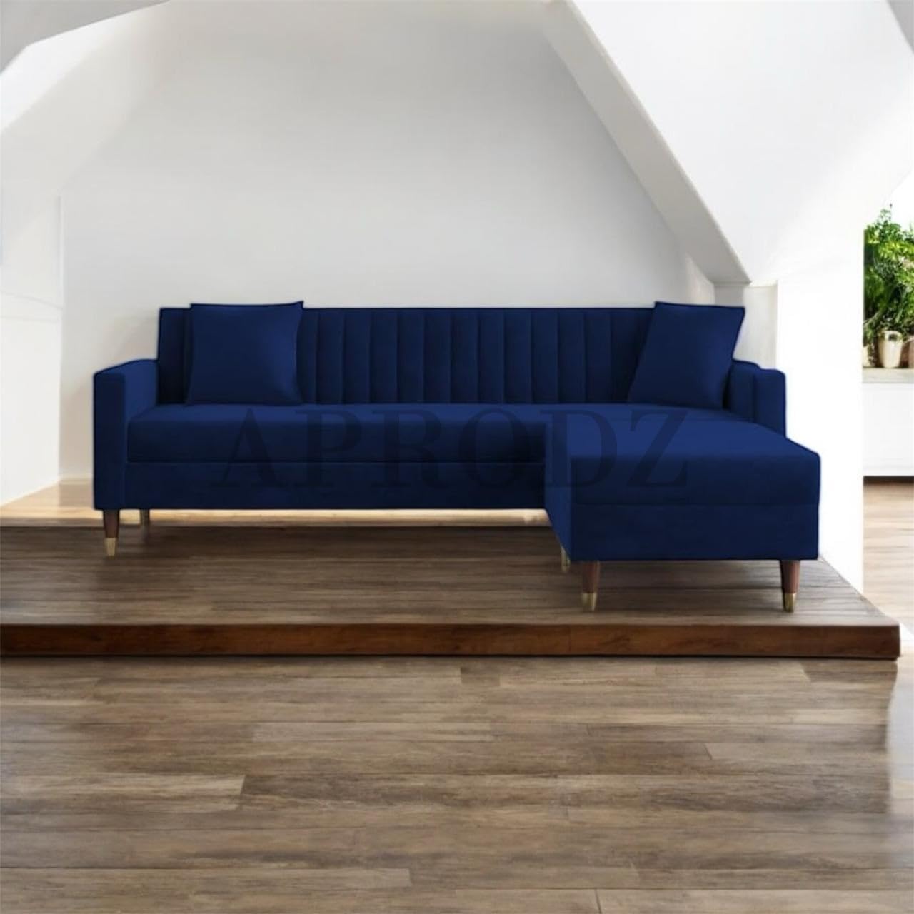 Velora L-Shape Velvet Sectional Sofa – Tufted Back, Mid-Century Modern Design with Gold-Tipped Legs | Living Room Furniture Aprodz