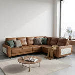 L-Shaped Sectional 6-Seater Sofa Padded Armrest Faux Leather Perfect Fabric Corner Sofa for Guests Living Room, Drawing Room, Office & Lounge (Brown) 