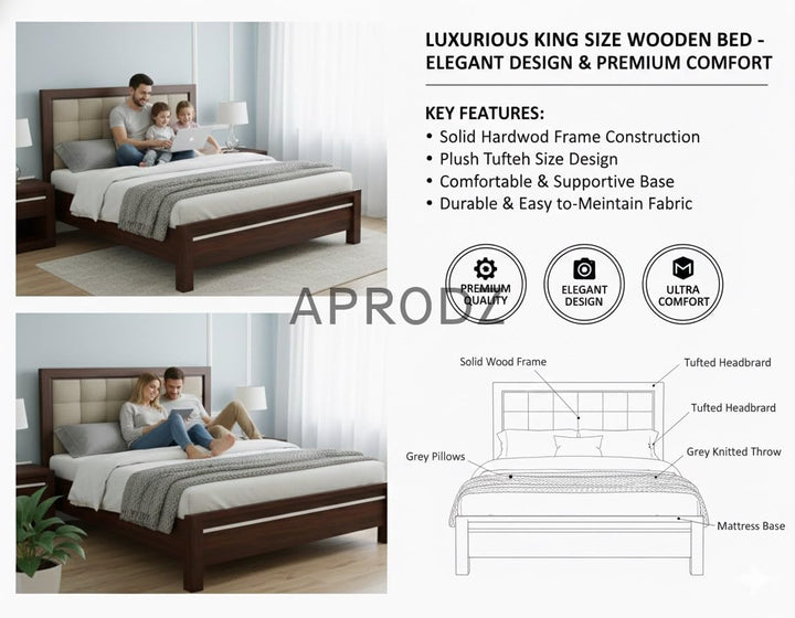Translation missing: en.Modern Upholstered Platform Bed Frame with Tufted Headboard, Sturdy Wooden Slat Support, Noise-Free Design, Premium Fabric, Bedroom Furniture - Dark Brown 