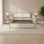 Upholstered Bed Modern Strip Headboard Footboard Platform Bed Frame with Heavy-Duty Metal Slats, No Box Spring Needed, Beige Fabric + Gold Powdercoated 