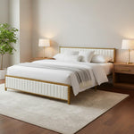 Upholstered Bed Modern Strip Headboard Footboard Platform Bed Frame with Heavy-Duty Metal Slats, No Box Spring Needed, Beige Fabric + Gold Powdercoated 
