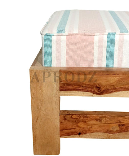 APRODZ Sheesham Wood Footstool with Cushion - Natural Finish - Set of 2