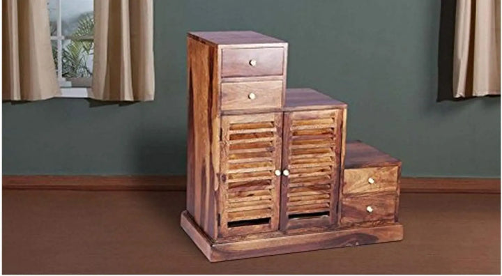 Translation missing: en.APRODZ Sheesham Wood Storage Zuni Shoe Rack Cabinet for Living Room | 2 Shelf 4 Drawer Shoe Organizer | Brown