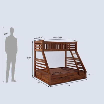 Wonderland Queen/Twin Sheesham Wood Bunk Bed – Modern Wooden Double Bed with 2 Drawer Storage for Bedroom, Kids’ Room & Guest Space (Rosewood - Teak)