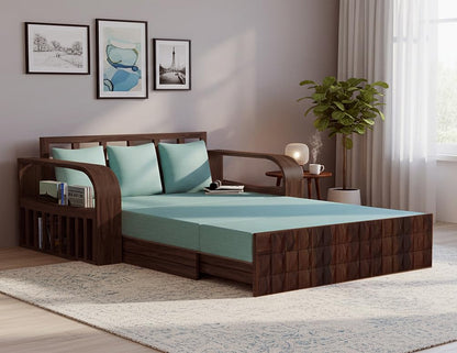 Sheesham Wood Sofa Cum Bed, 3 Seater with Blue Upholstery (75 x69 x30 Inch)