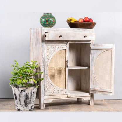 APRODZ Rattan Carved Cabinet | Kitchen Cabinets Furniture | Cabinet for Storage Wooden Furniture | Furniture for Crockery Cabinet | Distress White Finish, Mango Wood