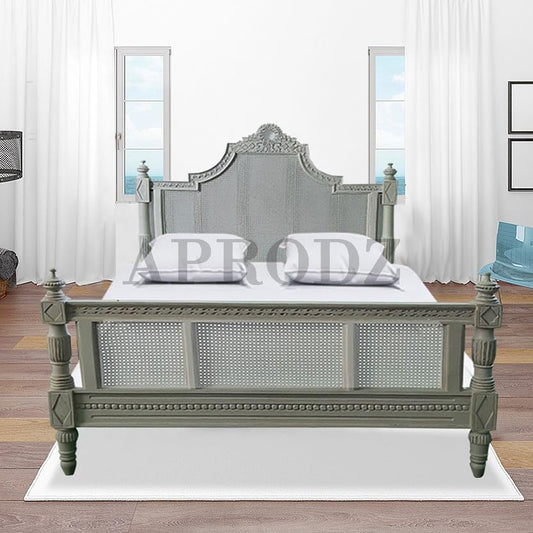 Hand-Carved French Cane Bed - Exquisite Artisan Design - Premium Mango Wood in Light Grey