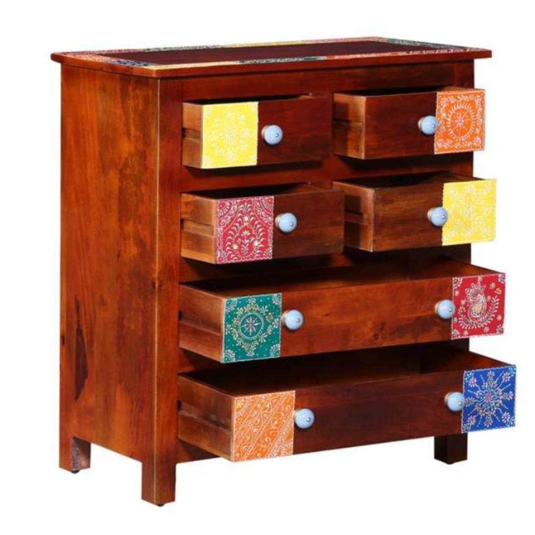 APRODZ Wooden Chest of Drawer with Painted Tiles Design | 6 Drawers | Wooden Storage Furniture | Brown Finish | Style 2