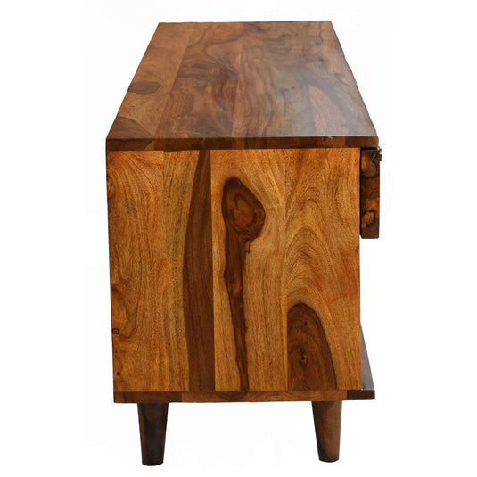 Translation missing: en.APRODZ Flower Inspired TV Unit with Drawers &amp; Shelf Storage Entertainment Unit Center Console TV Table for Living Room Furniture (Natural Teak Finish)