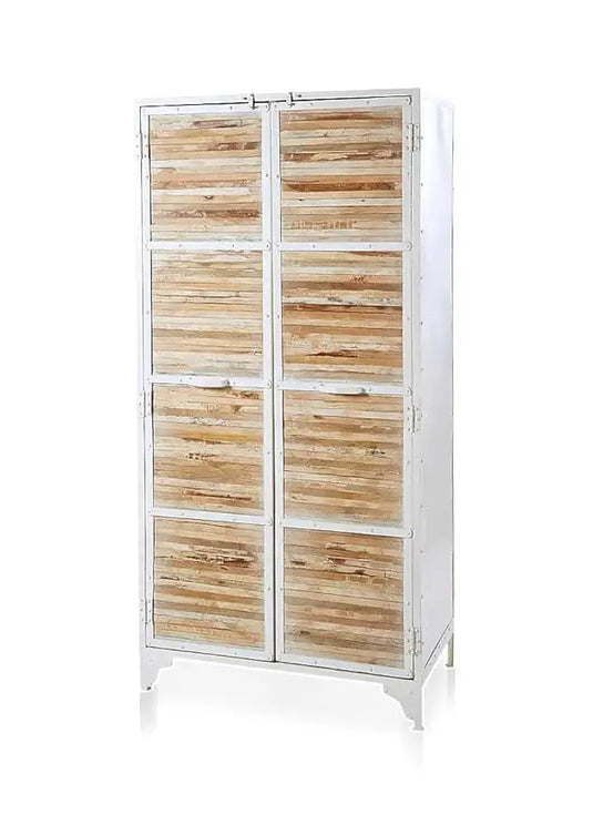 Translation missing: en.Regenerada Metal &amp; Recycled Wood 2‑Door Wardrobe – Natural &amp; White Powder‑Coated Almirah 