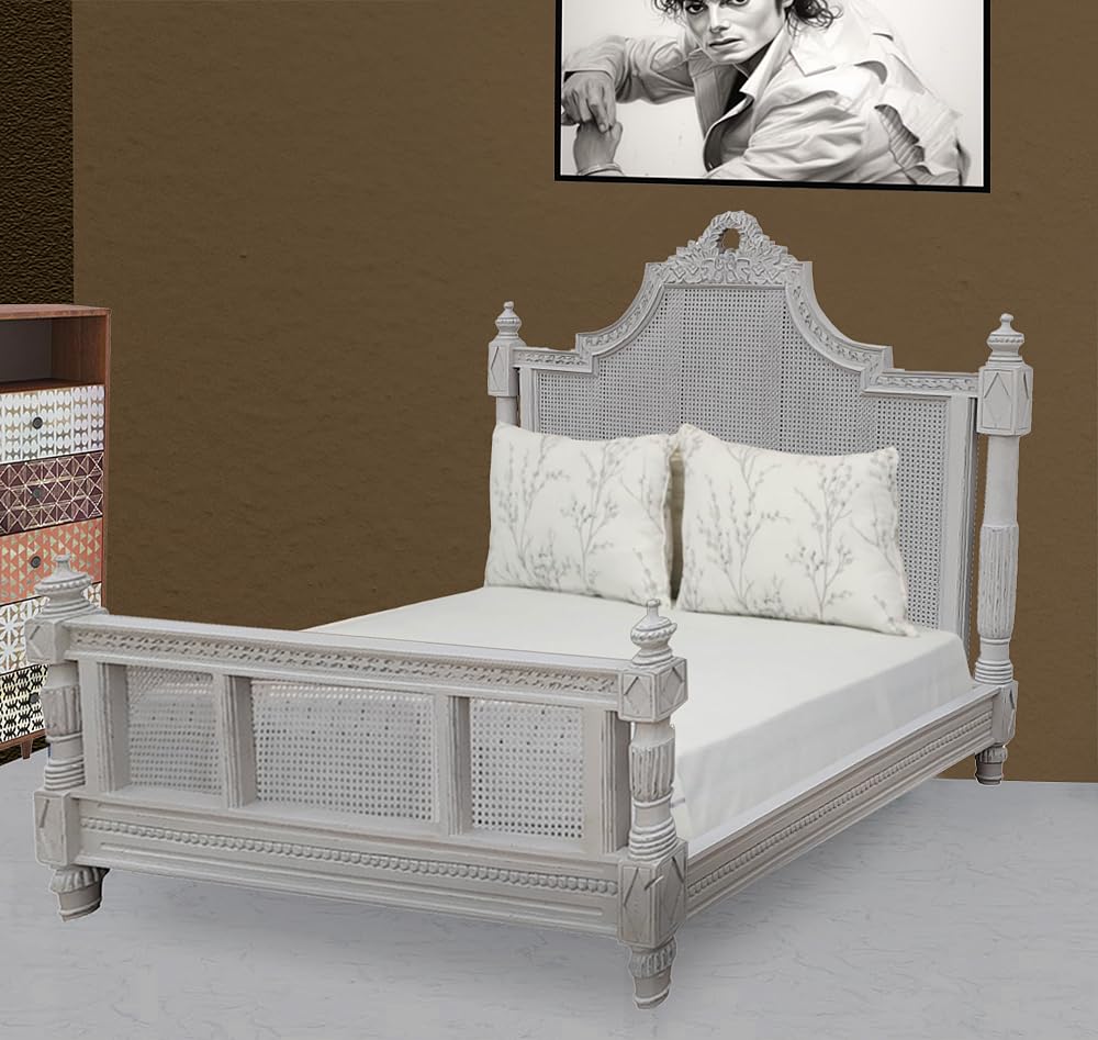 APRODZ Hand-Carved French Cane Bed - Exquisite Artisan Design - Premium Mango Wood in Light Grey