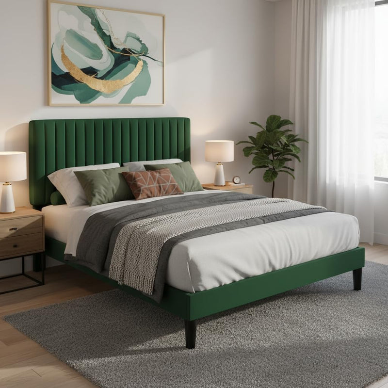 Upholstered Platform Bed with Adjustable Headboard, Leg Wood Black + Black Fabric 