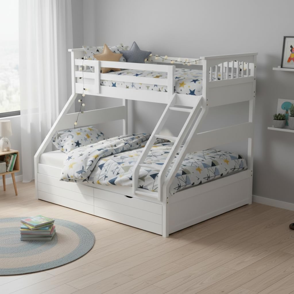 Sheesham Twin/Queen Bunk Bed with 2 Drawer Storage for Bedroom (Rosewood - Brown) 