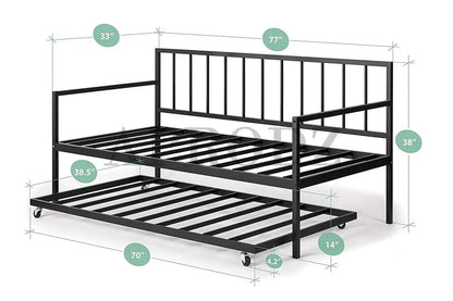 Suniz Twin Size Metal Daybed with Trundle Bed, (Foam Mattress -Metal - Black Powdercoated) 