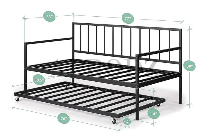 Translation missing: en.Suniz Twin Size Metal Daybed with Trundle Bed, (Foam Mattress -Metal - Black Powdercoated) 