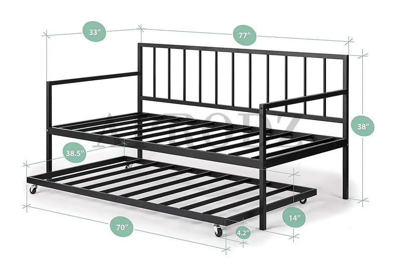 Suniz Twin Size Metal Daybed with Trundle Bed, (Foam Mattress -Metal - Black Powdercoated) 