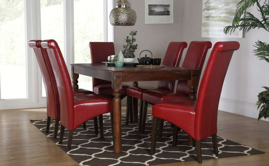 APRODZ Sheesham Wood Osasco 6 Seater Dining Table Set for Home | Dining Furniture | Red Bonded Leather Chairs