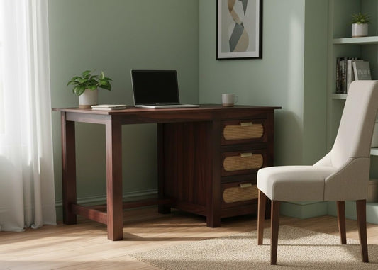 Sheesham Wood and Cane Office Desk Study Computer Table for Study Room with 1 Drawer and 1 Door (Rosewood - Mahogany)