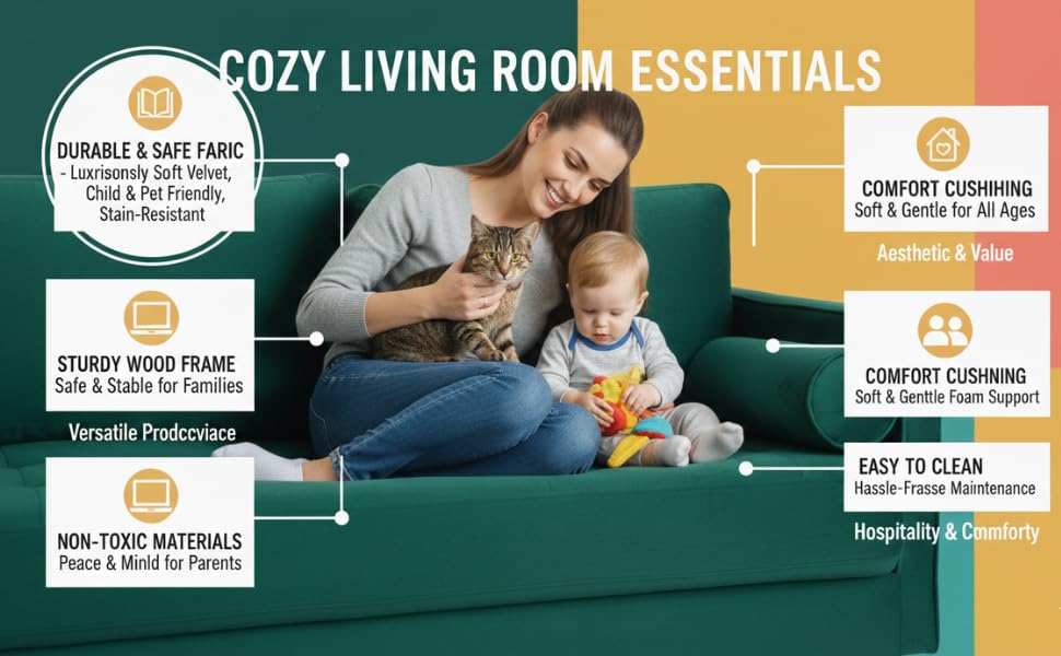 MidCen Wooden 3 Seater Sofa Set with High-Density Comfortable Foam for Home & Living Room (Upholstered- Dark Green Velvet Fabric) 