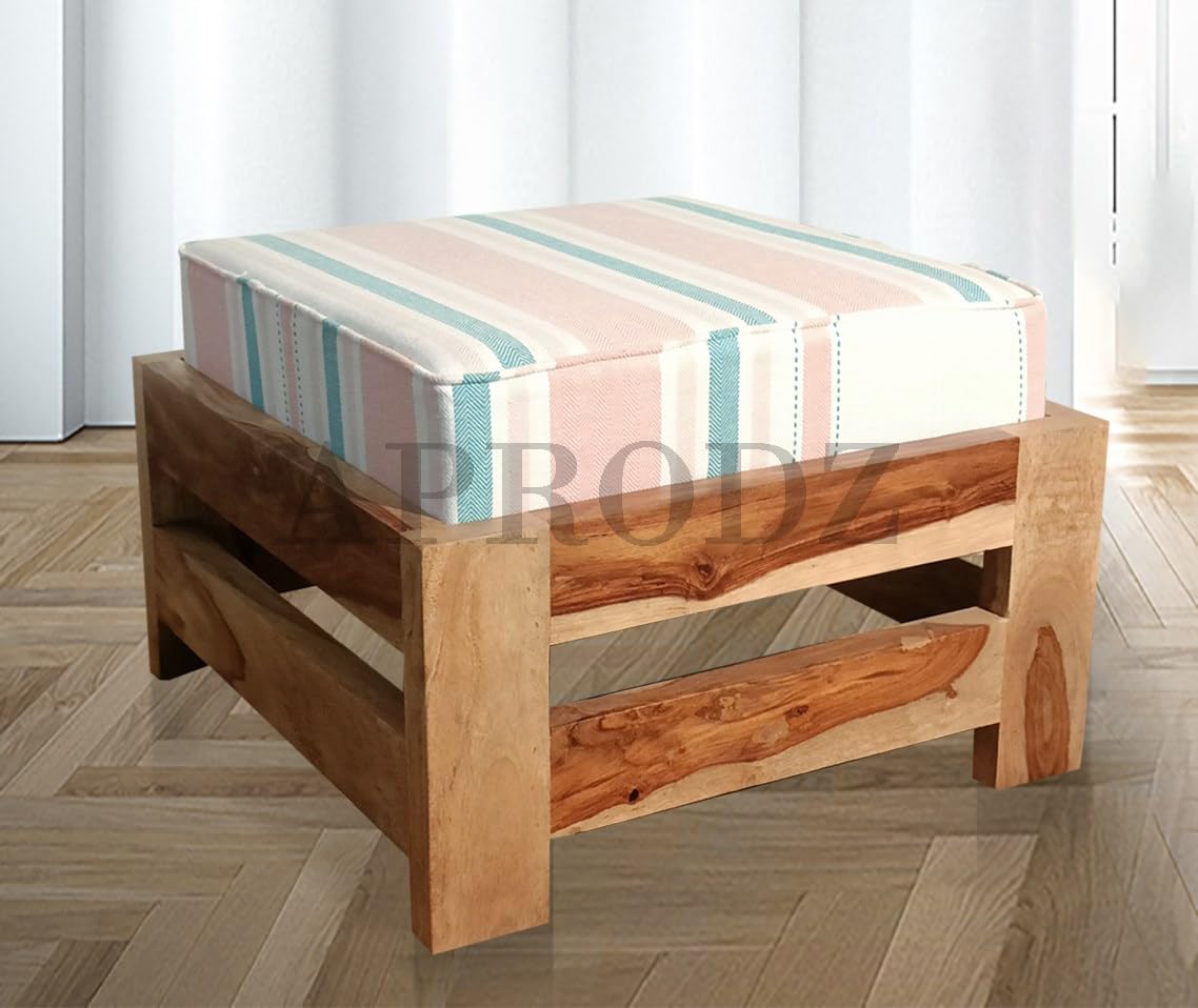 APRODZ Sheesham Wood Footstool with Cushion - Natural Finish - Set of 2