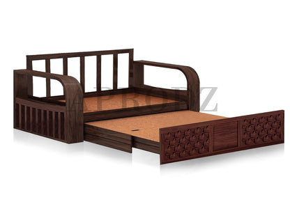 Sheesham Wood Sofa Cum Bed, 3 Seater with Blue Upholstery, Carved Panel Design (75 x69 x30 Inch)
