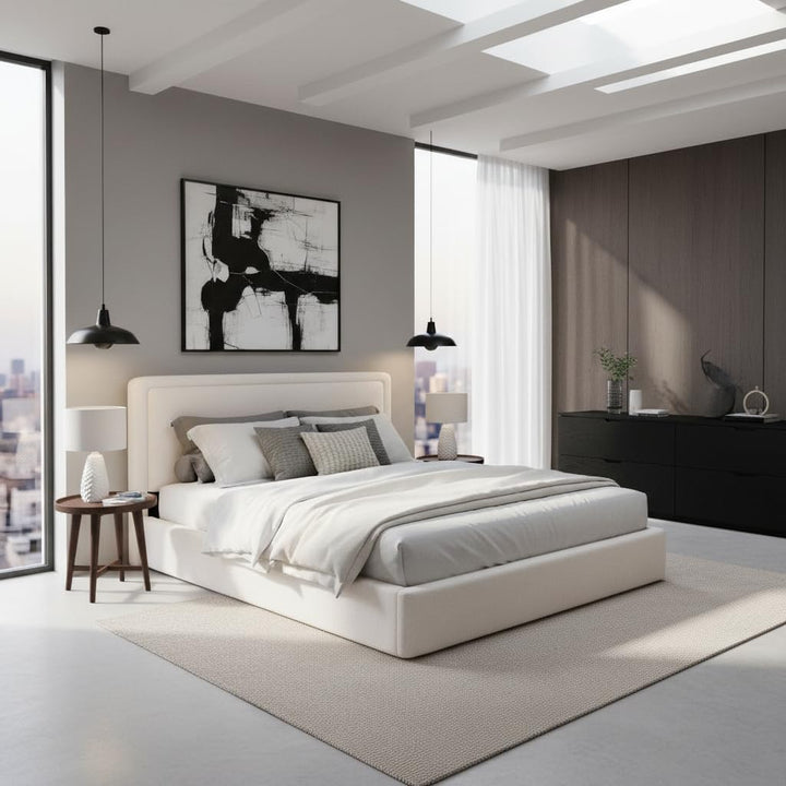 Translation missing: en.Boucle Bed Frame With Storage, Upholstered Headboard, Metal Bed Frame With Headboard, Hydraulic Storage System, No Box Spring Required, Beige 