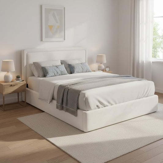 Boucle Bed Frame With Storage, Upholstered Headboard, Metal Bed Frame With Headboard, Hydraulic Storage System, No Box Spring Required, Beige 