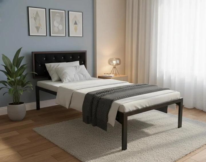 Translation missing: en.Single Size Bed with Upholstered Headboard | CR Steel Frame | Modern Platform Bed | Sturdy, Durable &amp; Noise-Free | No Box Spring Needed | Stylish Furniture 
