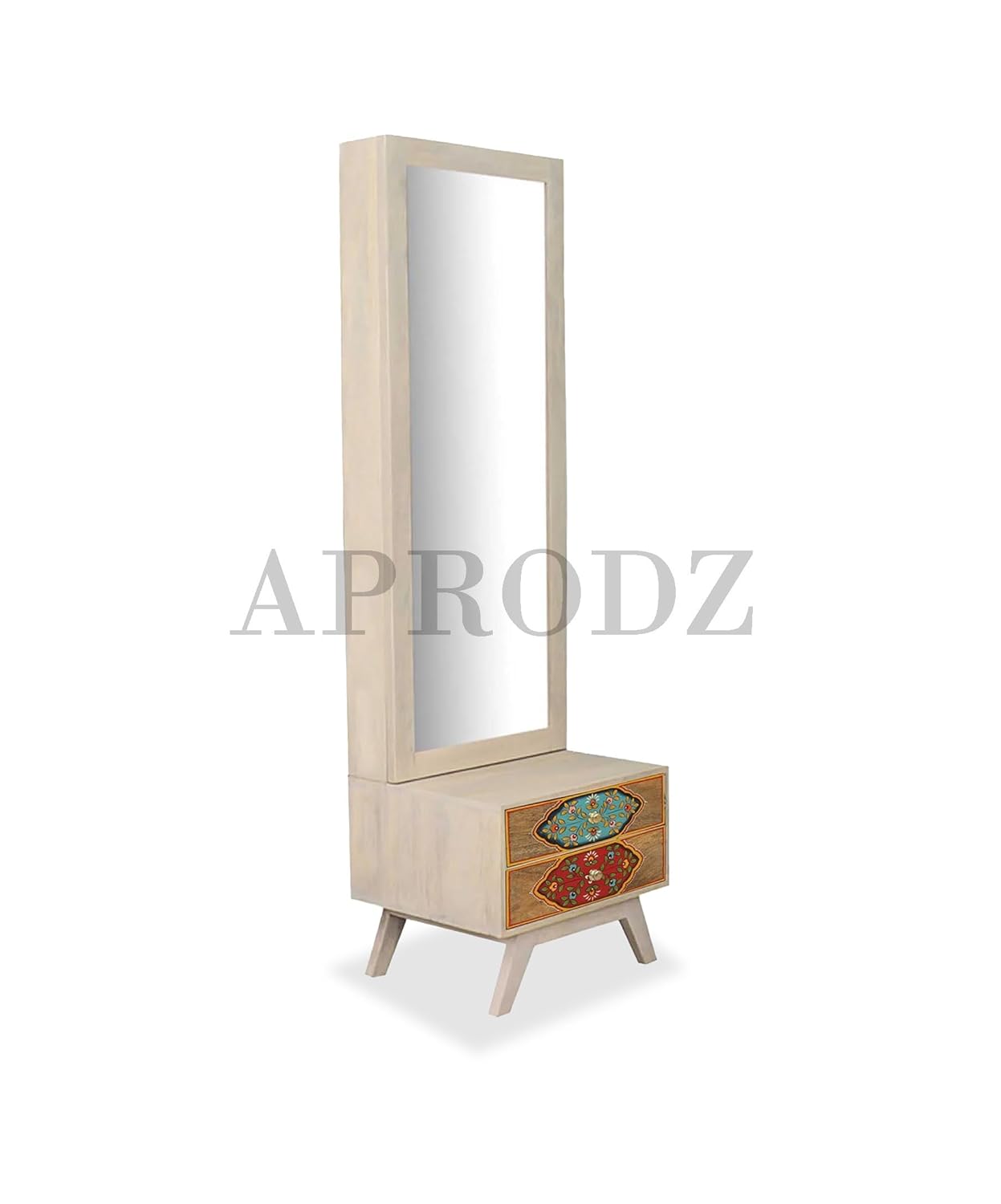 APRODZ Hand-Painted Solid Wood Dressing Table with Two Drawer Storage for Living Room (White + Multicolour Finish)