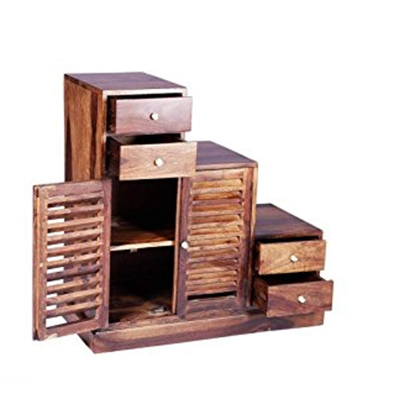 APRODZ Sheesham Wood Storage Zuni Shoe Rack Cabinet for Living Room | 2 Shelf 4 Drawer Shoe Organizer | Brown