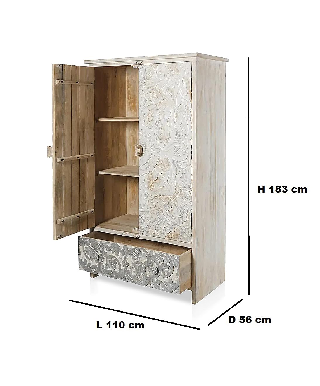 APRODZ Scolpito Mango Wood Two Door and 1 Drawer Wardrobe Storage Almirah Cupboard for Cloths (Solid Wood - White + Silver)