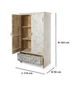 Mango Wood Wardrobe 2-Door 1-Drawer Wardrobe Almirah (Solid Wood - White + Silver) 