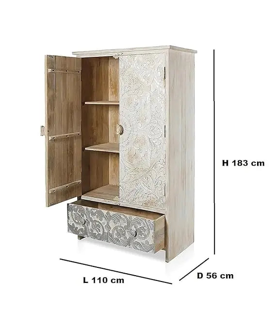 Mango Wood Wardrobe 2-Door 1-Drawer Wardrobe Almirah (Solid Wood - White + Silver) 