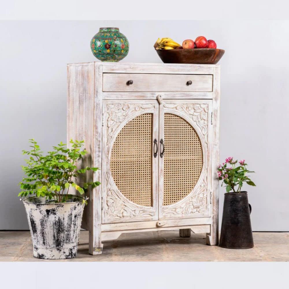 APRODZ Rattan Carved Cabinet | Kitchen Cabinets Furniture | Cabinet for Storage Wooden Furniture | Furniture for Crockery Cabinet | Distress White Finish, Mango Wood