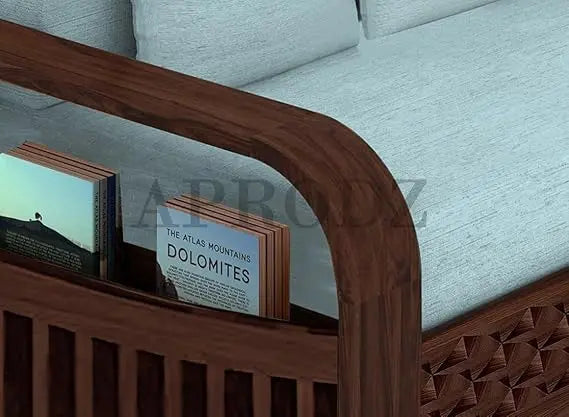 Sheesham Wood 3-Seater Sofa Cum Bed with Blue Upholstery and Carved Panel Design – Stylish, Comfortable, and Durable Convertible Sofa for Living Room  Sheesham Wood Sofa Cum Bed (3 Seater)