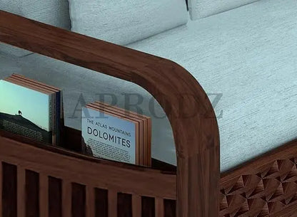 Sheesham Wood 3-Seater Sofa Cum Bed with Blue Upholstery and Carved Panel Design – Stylish, Comfortable, and Durable Convertible Sofa for Living Room  Sheesham Wood Sofa Cum Bed (3 Seater)