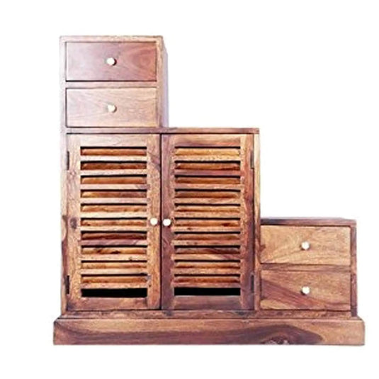 Translation missing: en.APRODZ Sheesham Wood Storage Zuni Shoe Rack Cabinet for Living Room | 2 Shelf 4 Drawer Shoe Organizer | Brown