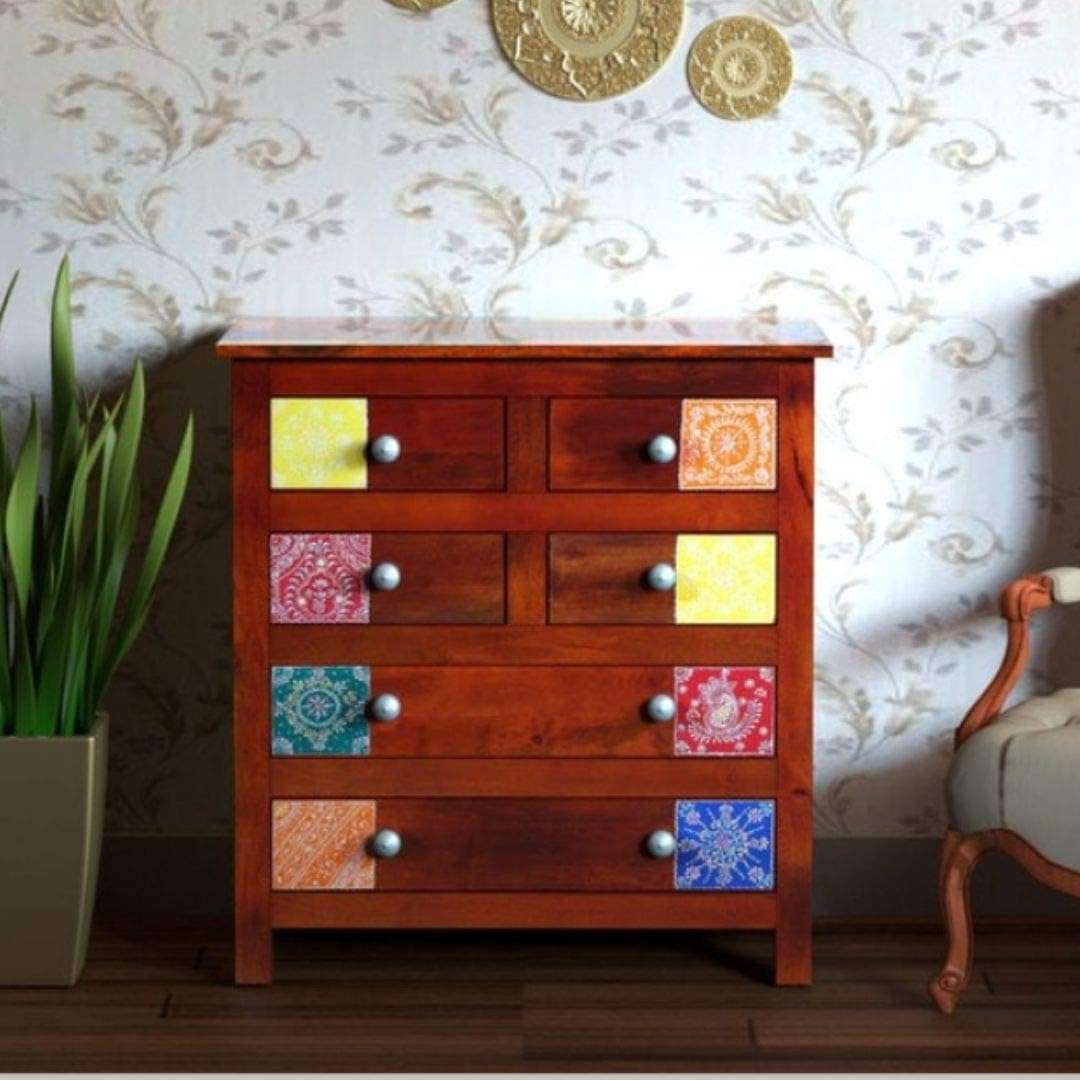 APRODZ Wooden Chest of Drawer with Painted Tiles Design | 6 Drawers | Wooden Storage Furniture | Brown Finish | Style 2