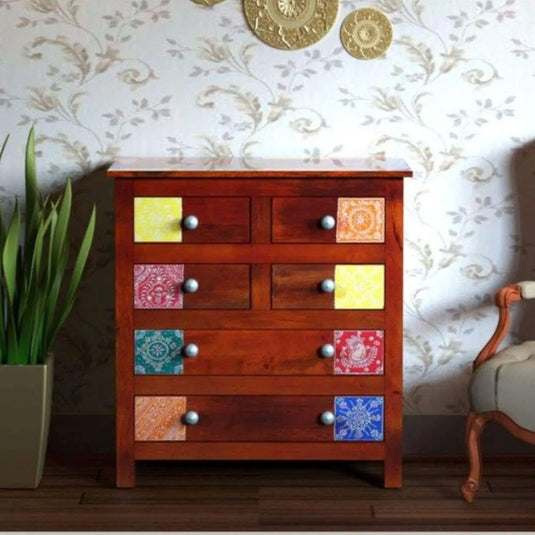 Translation missing: en.APRODZ Wooden Chest of Drawer with Painted Tiles Design | 6 Drawers | Wooden Storage Furniture | Brown Finish | Style 2