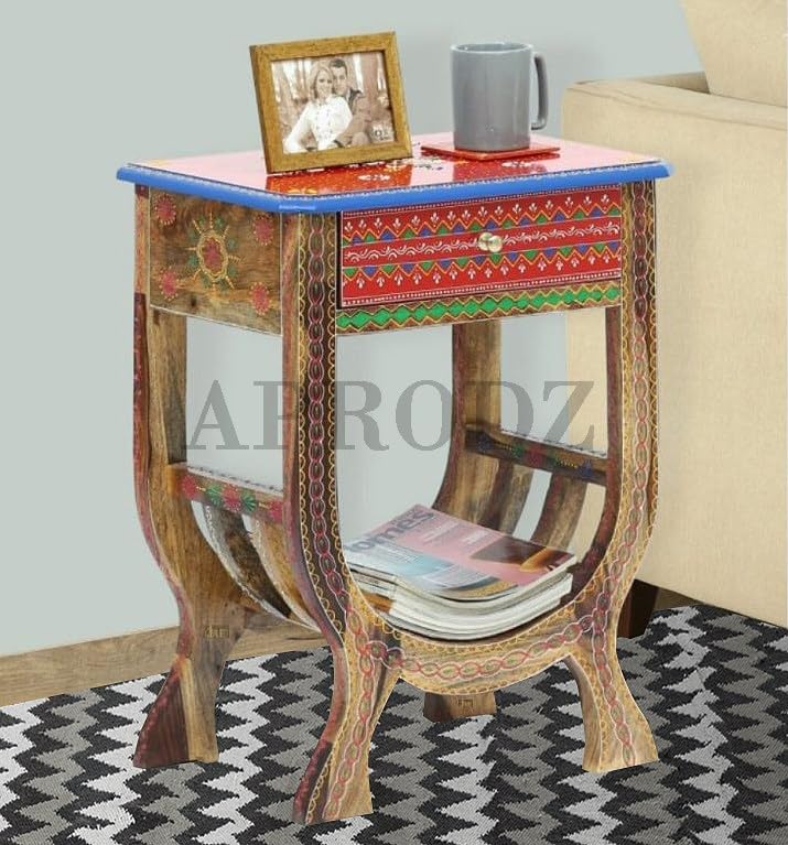 Wooden Handpainted Side Table with Drawer Storage Portable Bedside End Table (Multicolor) 