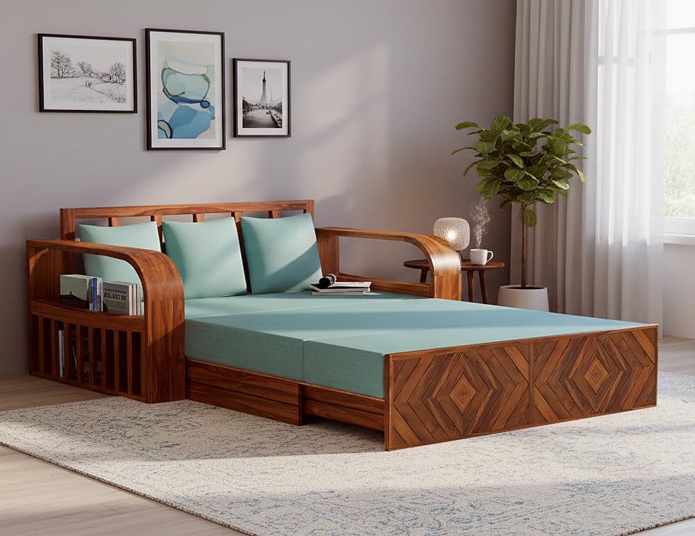 Sheesham Wood 3 Seater Sofa Cum Bed with Blue Upholstery | Diamond Pattern Design | Space-Saving Wooden Sofa Bed for Living Room Aprodz